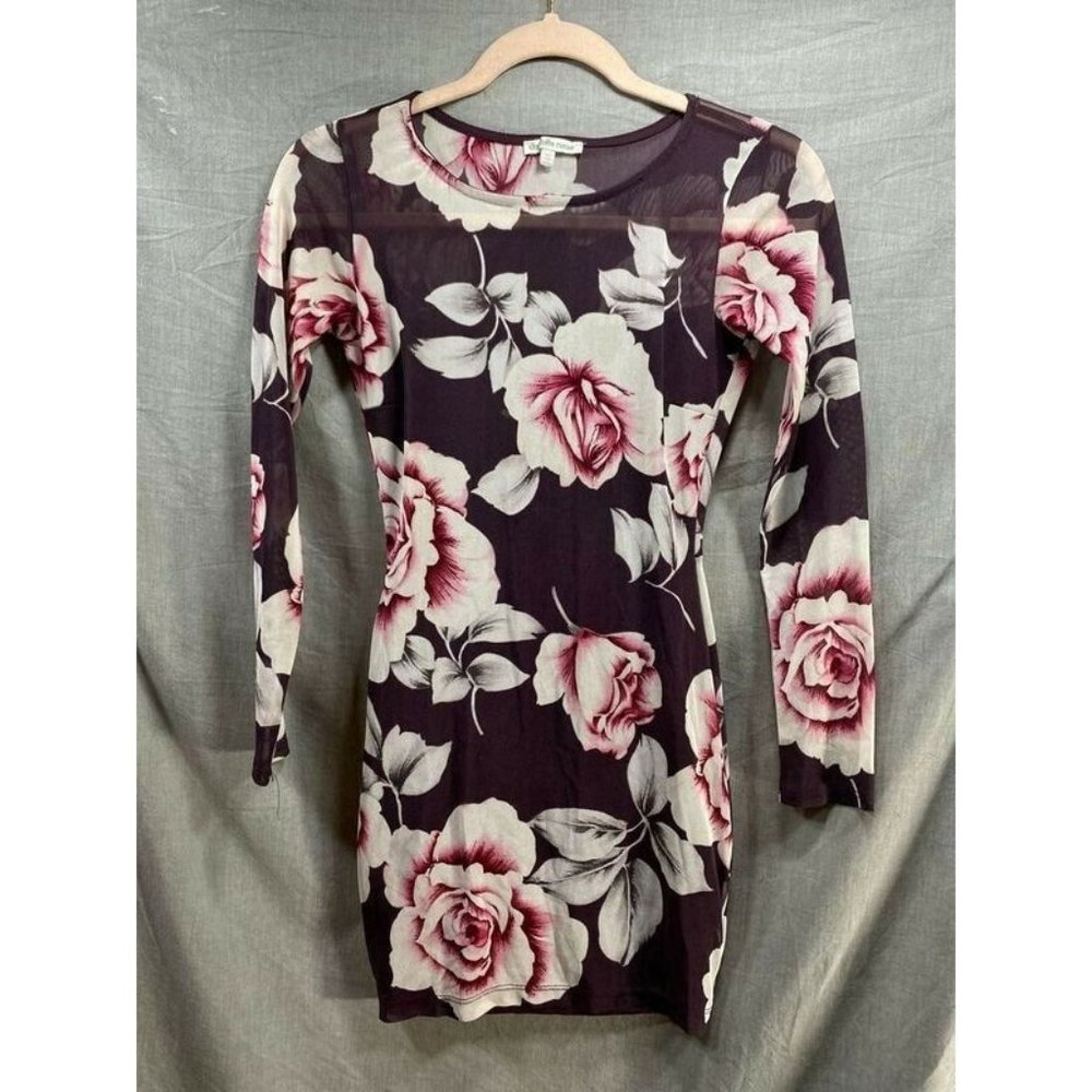 Charlotte‎ Russe Dress Women XS Brown Sheer Floral Long Sleeve Pullover Ladies